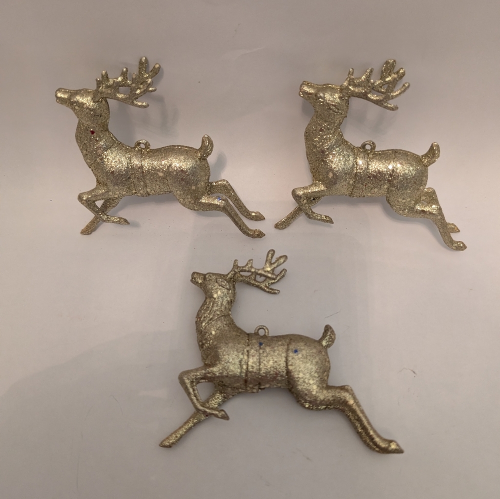 3 Vtg Hard Plastic Reindeer Christmas Ornaments Gold